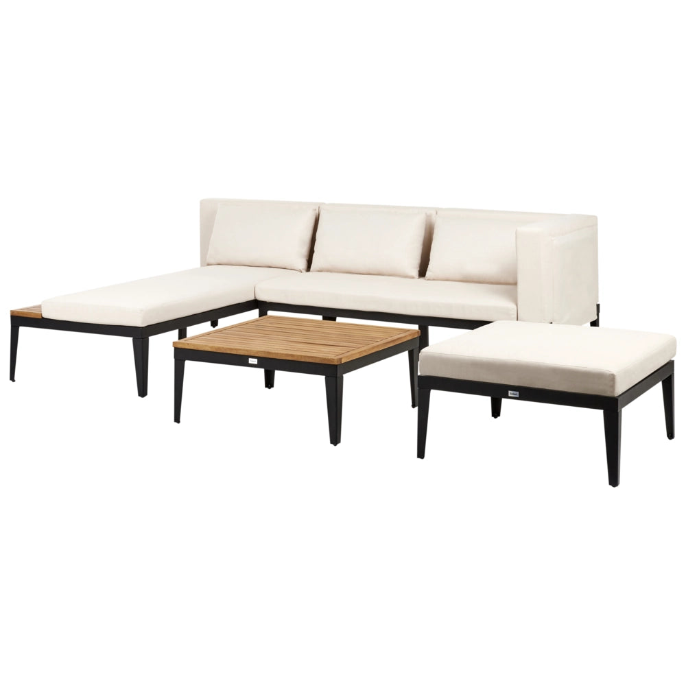 Set da giardino 3 posti in legno di acacia certificato con divano angolare tavolino e cuscini beige chiaro lato sinistro con ottomano