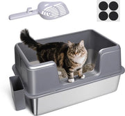 Bacino per gatti in acciaio inossidabile XXL, grande bacino per gatti in acciaio inossidabile, bacino per gatti con bordo alto, bacino per gatti impermeabile e resistente alle macchie, bacino per gatti con cucchiaio (60Lx40Px31,5Altezza cm)