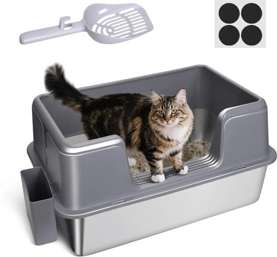 Bacino per gatti in acciaio inossidabile XXL, grande bacino per gatti in acciaio inossidabile, bacino per gatti con bordo alto, bacino per gatti impermeabile e resistente alle macchie, bacino per gatti con cucchiaio (60Lx40Px31,5Altezza cm)