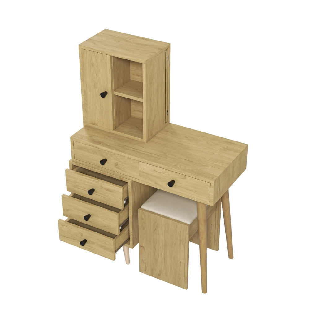Tavolo da trucco moderno con specchio estraibile; piano allungabile 84 x 40 cm; legno ingegnerizzato naturale e beige