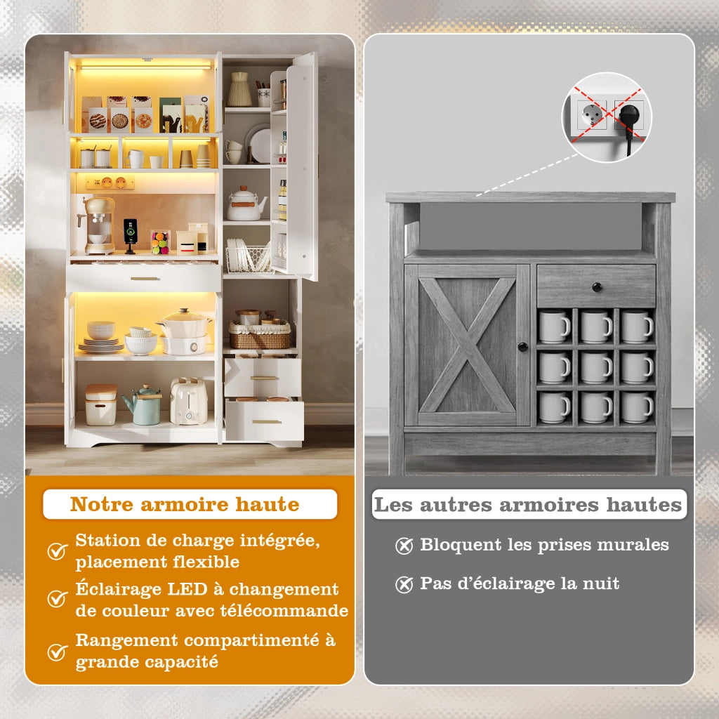 Credenza con LED a colori e prese, ante in vetro e ripiani regolabili, per cucina e soggiorno, bianca 185 × 105 × 40 cm