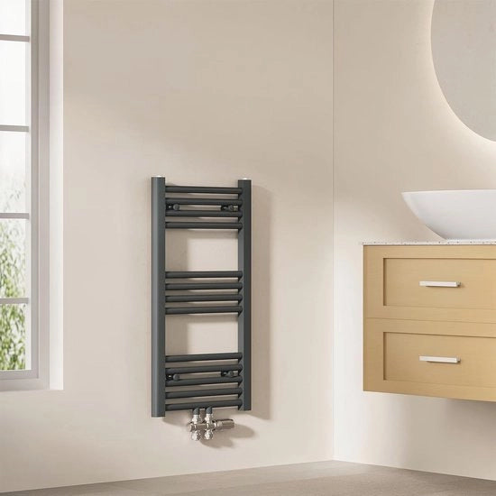 Riscaldatore per bagno 75 x 40 cm con supporto asciugamani e connessione centrale | Asciugacapelli per piccole camere da bagno | Antracite