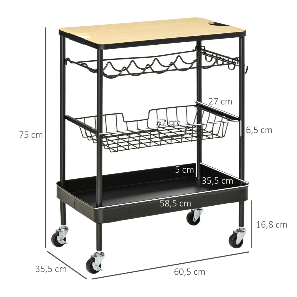 Carrello Multiuso per Cucina con Cestino e Portabottiglie ¨C Zephmum ¨C Nero 60.5x35.5x75 cm