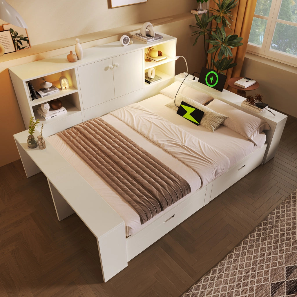 Letto contenitore 140 × 200 cm con 2 cassetti, USB e Type-C, luce da lettura, senza materasso, bianco