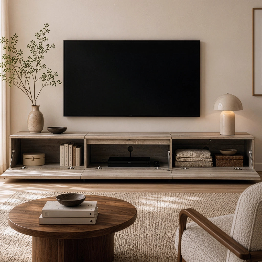 Mobile porta TV Kapipimso con Ante a Ribalta - Effetto Rovere, Grigio [en.casa]
