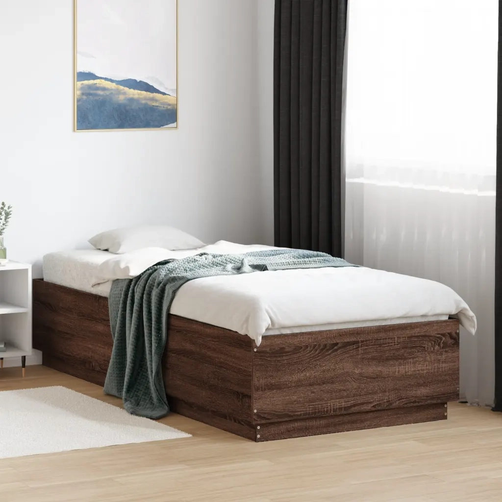 Letto singolo | Letto per adulti | Giroletto Luci LED Rovere Marrone 90x200cm in Legno Multistrato