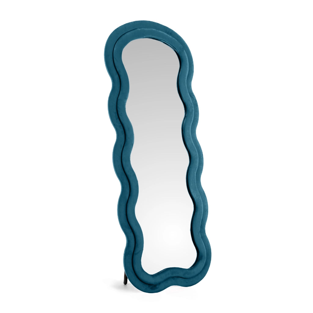 Specchiera da Terra 170x70 cm Design Ondulato Rivestita in Velluto con Supporto in Metallo Specchio Figura Intera Moderno per Camera da Letto Soggiorno Cabina Armadio Petrolio