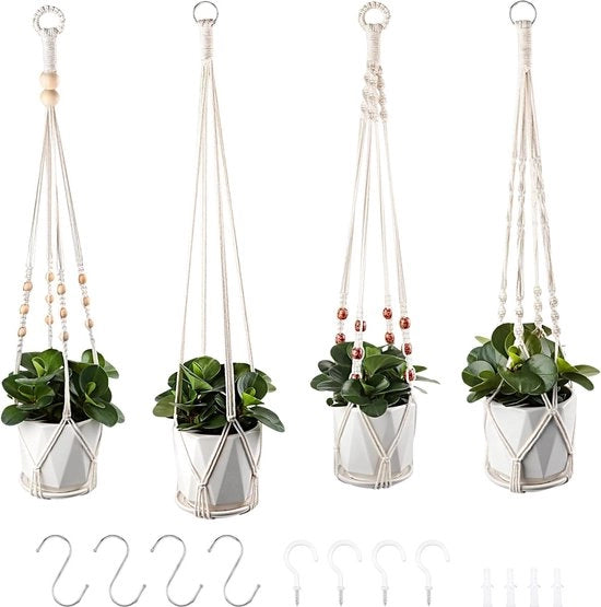 Macramé portahang per piante, set di 4 decorazioni boho per vasi di fiori e piante, decorazione per interni ed esterni