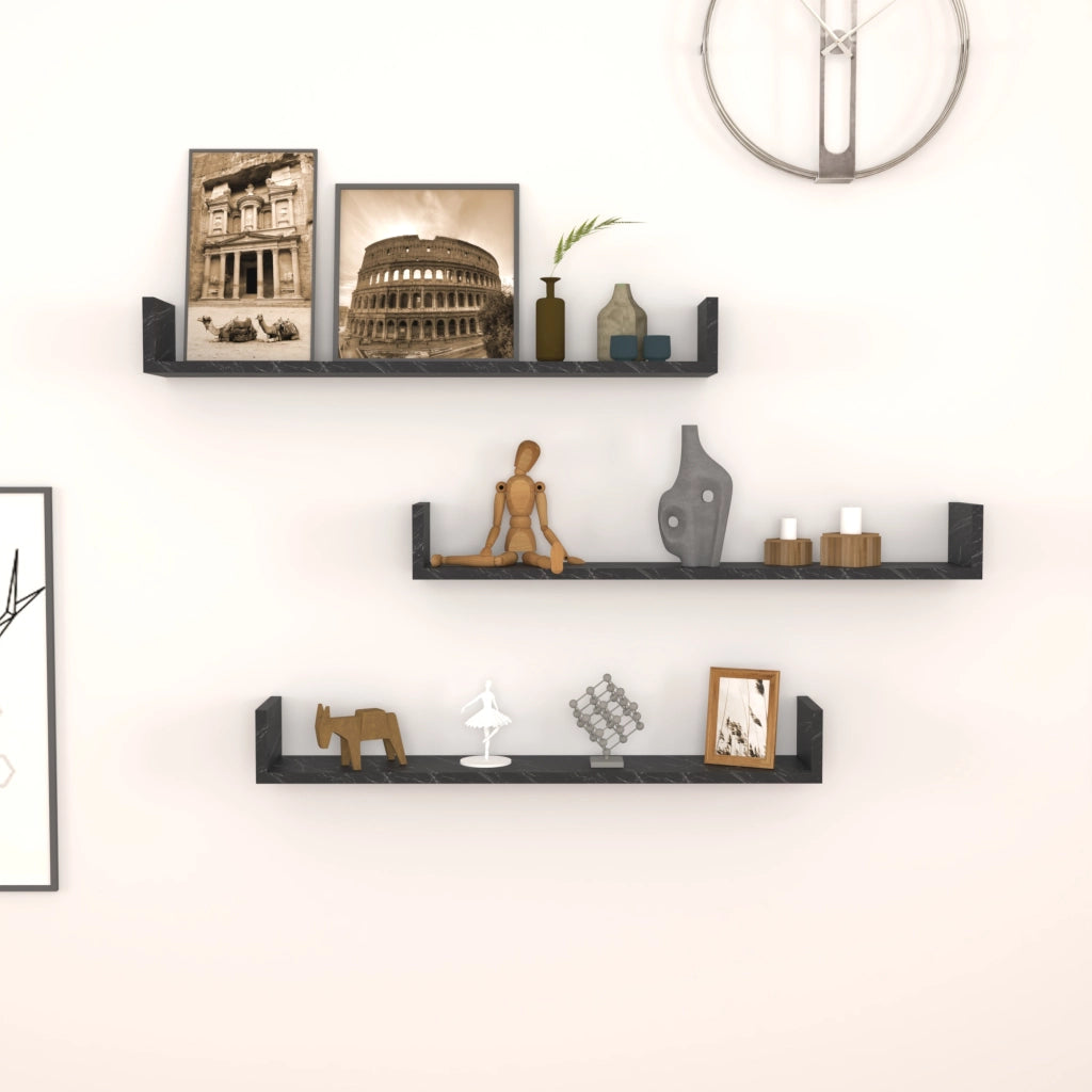Set 'Höganäs' 3 Mensole da Muro - Consolli Pensili con Piano d'Appoggio a Forma di U - Largo 90 cm - Effetto Marmo Nero [en.casa]