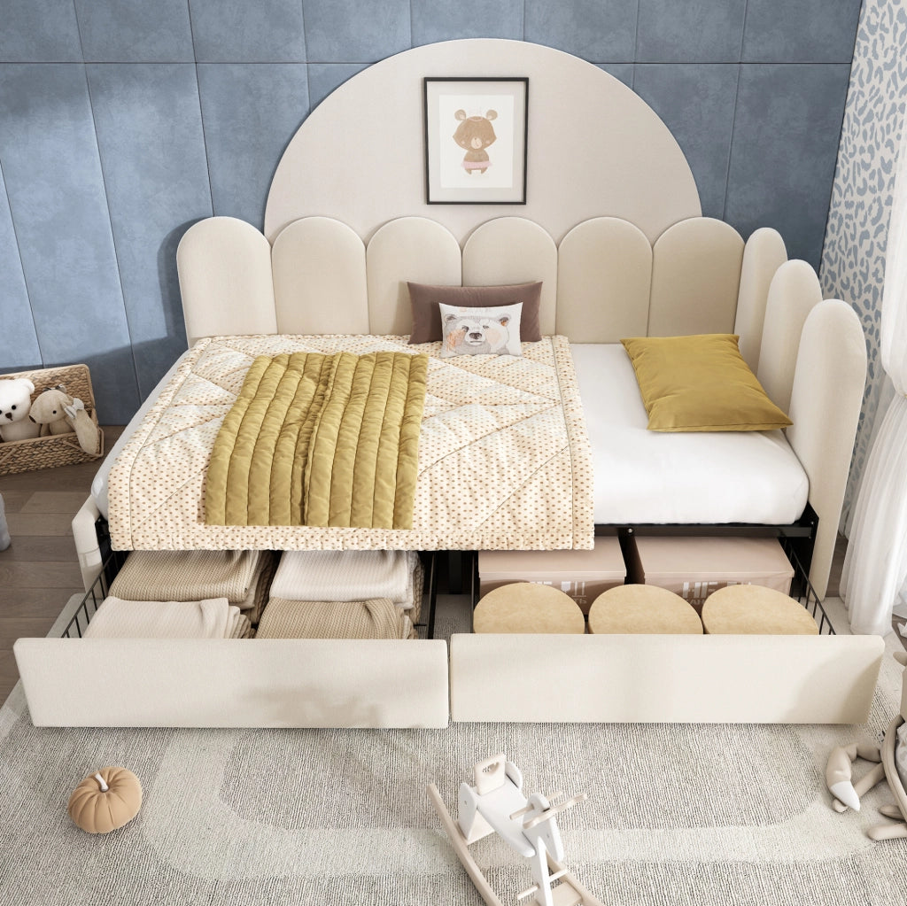 Letto imbottito con 2 cassetti 90x200 cm in velluto beige
