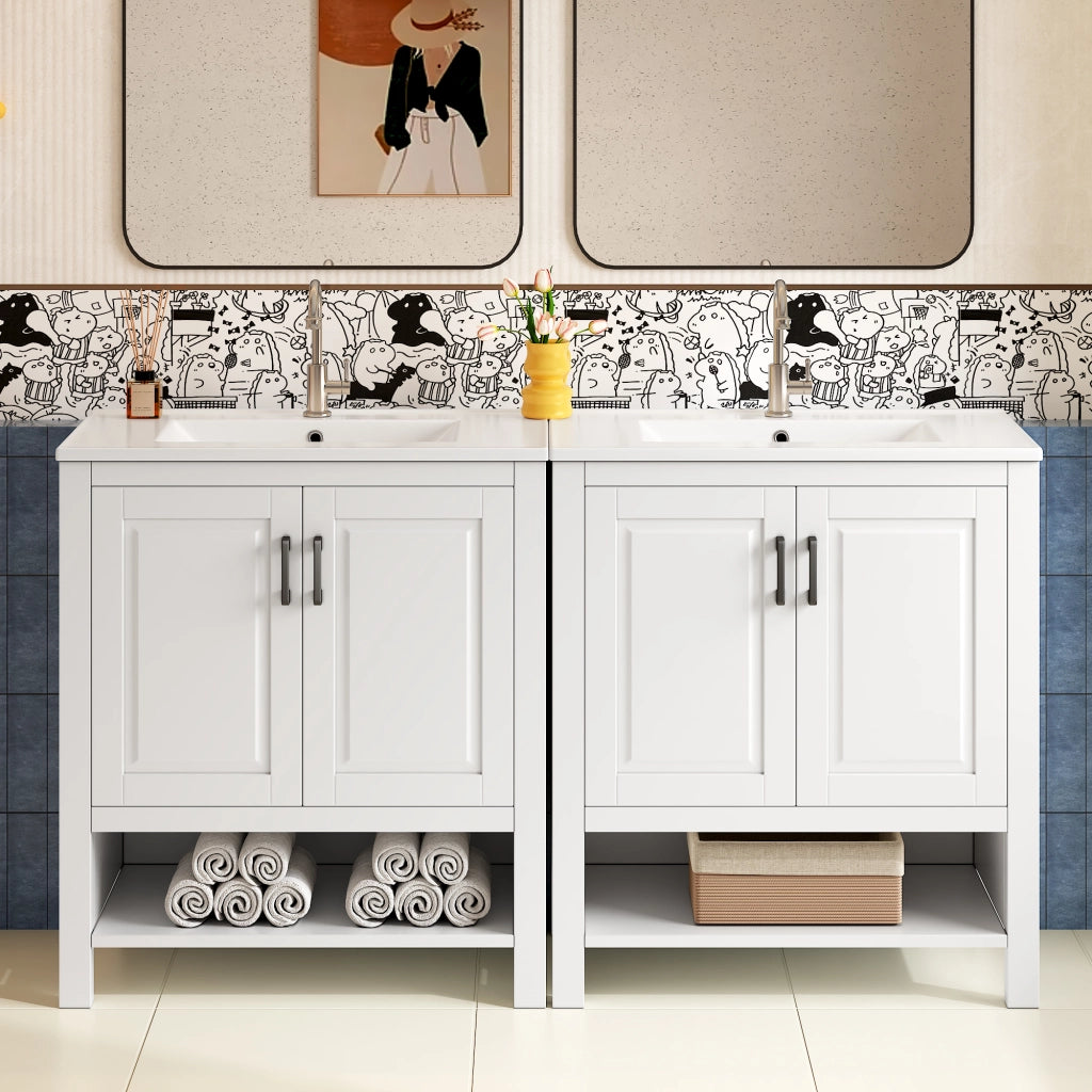 Mobile sottolavabo con lavabo in ceramica, 2 ante e vano aperto per bagno, bianco, 76,5 × 47 × 83 cm