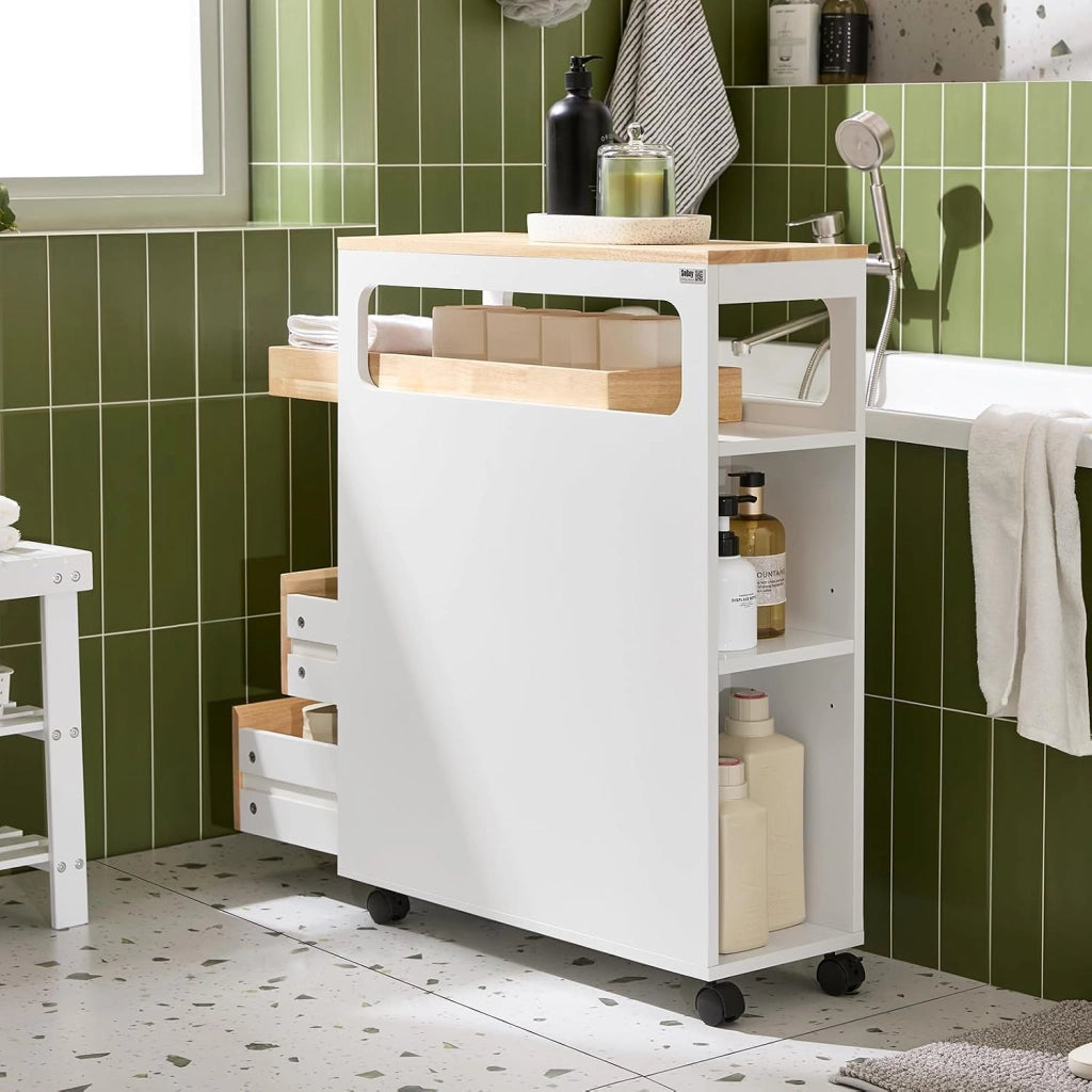 Mobile Bagno, Mobile Salvaspazio con 3 Cassetti, Ripiano in Legno e Rotelle – Mobiletti Stretti, Colonna Bagno da Terra, Struttura Resistente e Design Moderno BZR54-IV-WN