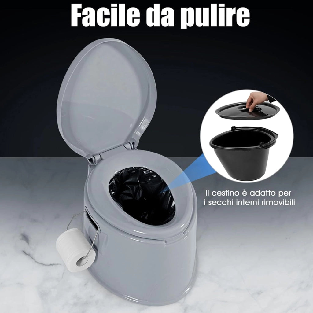 Toilette Portatile WC Chimico, WC da Viaggio Leggero con Secchio Interno Rimovibile,Water Portatile per Adulti e Anziani con Portarotolo, Supporto Carico 200 kg, 41 x 49 x 34 cm (Grigio)
