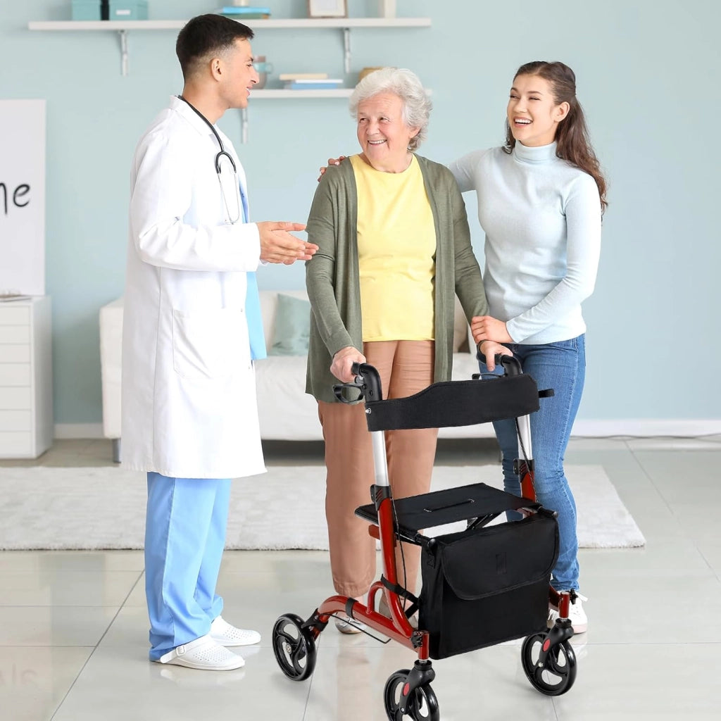 Deambulatore con Seduta 2 in 1, Rollator Pieghevole, Deambulatore per Anziani con 4 Ruote, Maniglie Regolabili Freni, con Doppia Funzione Schienale Reversibile e Borsa Portaoggetti (Rosso)