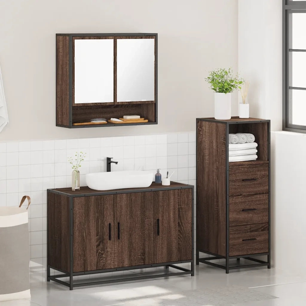 Set Mobili da Bagno 3 pz Rovere Marrone in Legno Multistrato