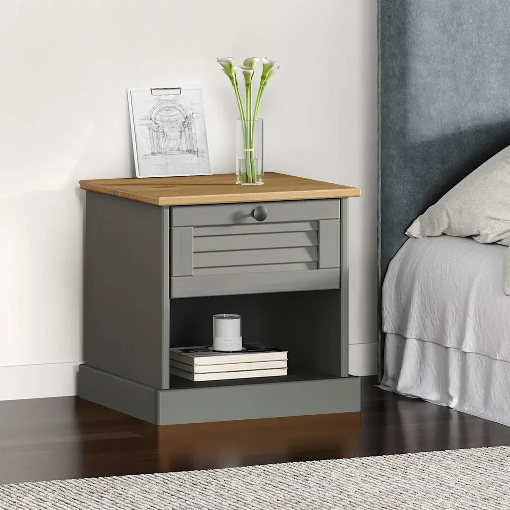 Comodino VIGO Grigio 42x35x42 cm in Legno Massello di Pino 353156