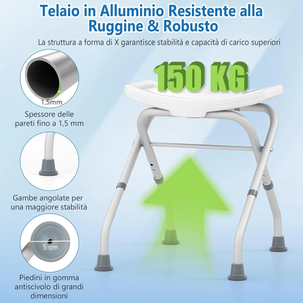 Sgabello per Doccia, Sedia per Doccia Pieghevole e Regolabile in Altezza a 3 Livelli con Maniglie, Leggero, per Anziani e Persone a Mobilità Ridotta, Portata 150 kg (Bianco)