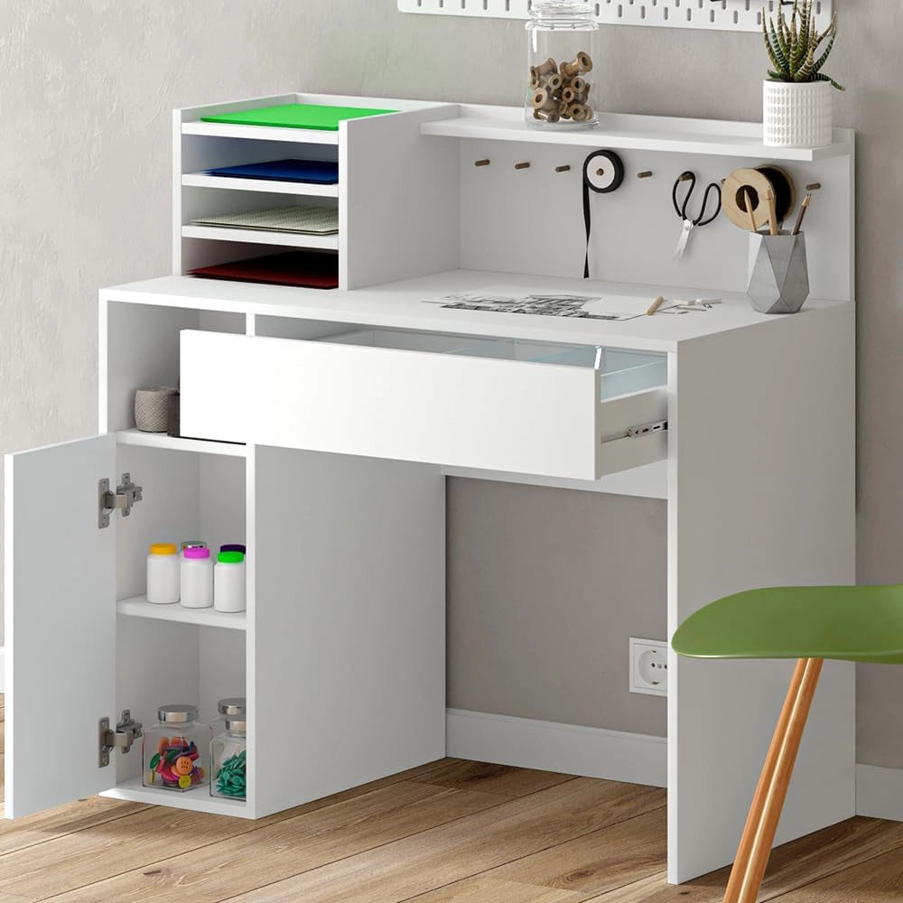 Scrivania, Bianco, 100 x 50 cm, con piano d’appoggio aperto per materiali da lavoro