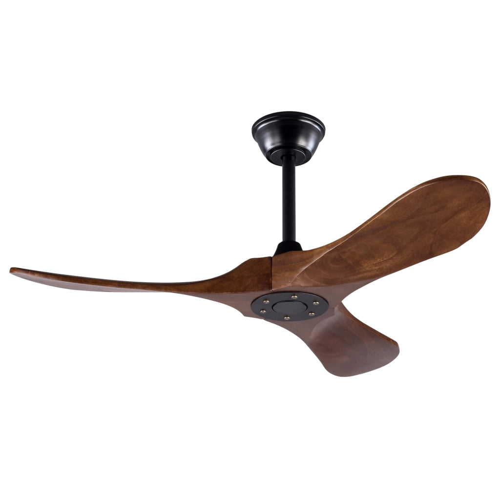 Ventilatore da soffitto con motore DC; telecomando e finitura nero e noce scuro
