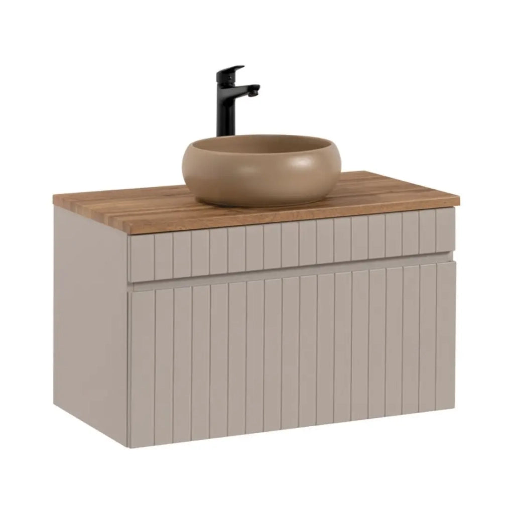 Set da bagno ICON: mobile sotto lavabo 80cm cachemire + piano per lavabo + lavabo da appoggio rotondo