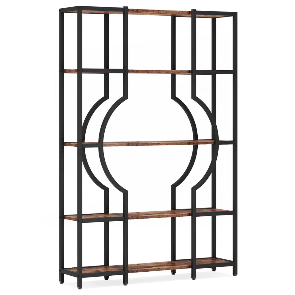 Libreria a 5 ripiani in metallo nero e legno rustico, scaffale aperto salvaspazio stile vintage
