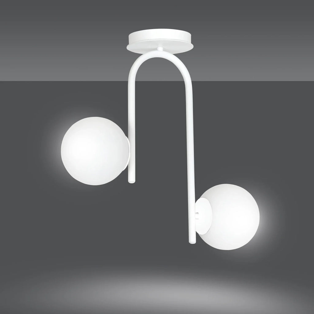 Lampadario 2 Luci Rama In Acciaio Bianco A Bracci E Sfere In Vetro Opalino