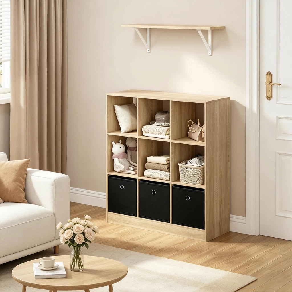 Scaffale a cubi freestanding con 3 cassetti in tessuto, libreria moderna in legno ingegnerizzato
