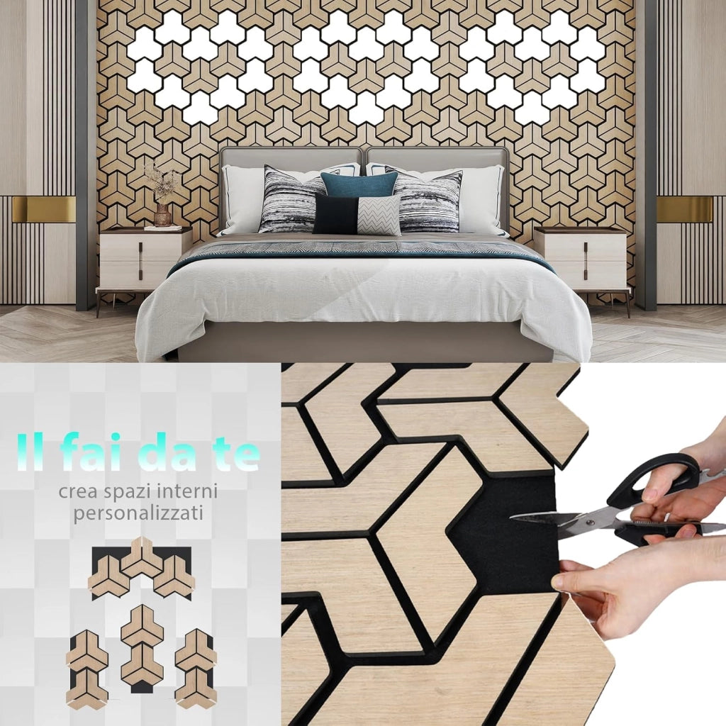 Set di 4 Pannelli Fonoassorbente, Pannelli Acustici per Pareti, 65 x 83 cm, 27 Tavole di Legno Irregolari, per Riduzione del Rumore, Decorazione Interna, 1,7 m²