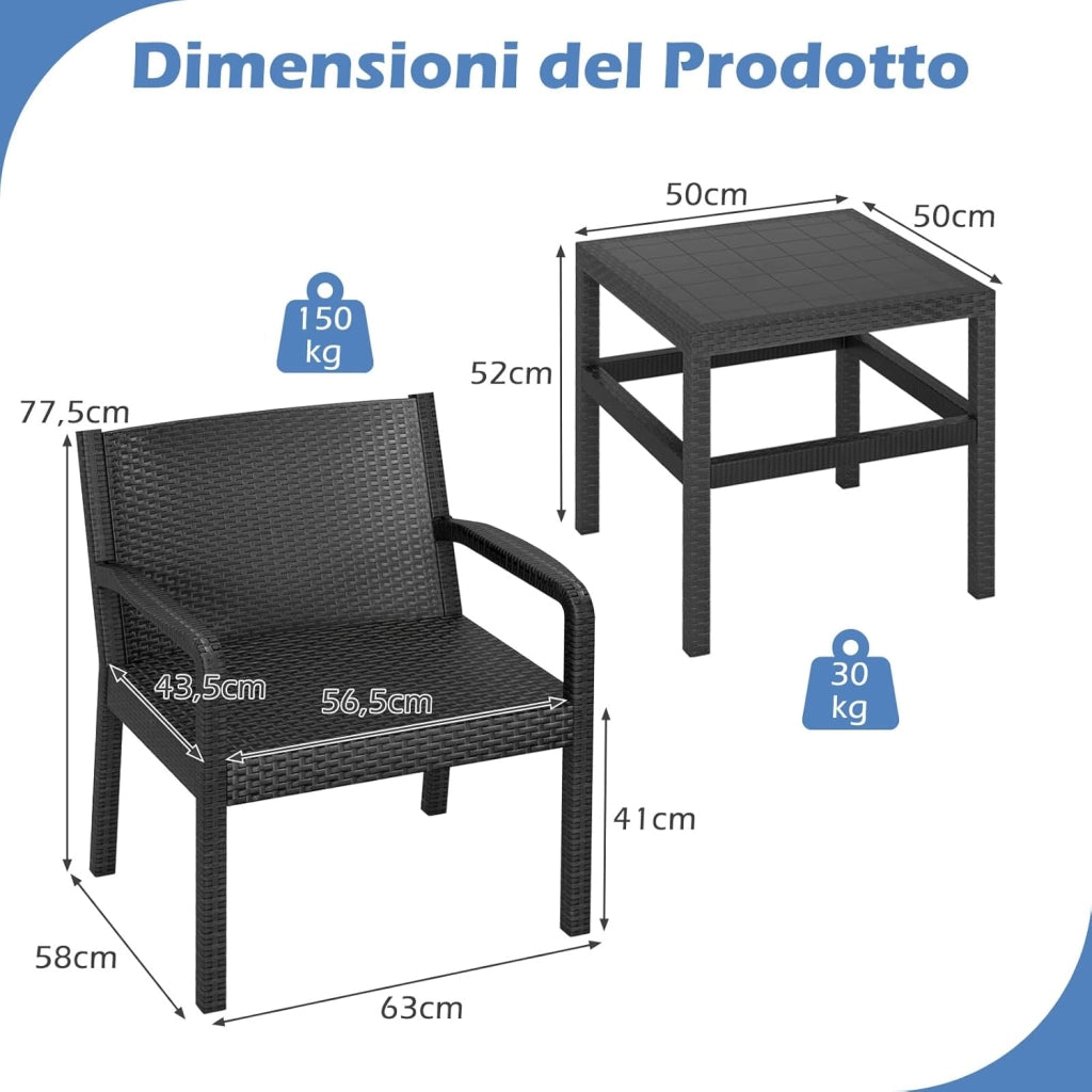 Tavolino e 2 Sedie in Rattan PP da Balcone, Set Giardino con Tavolino Quadrato e 2 Poltrone, Salotto da Esterno per Bordo Piscina (Nero)