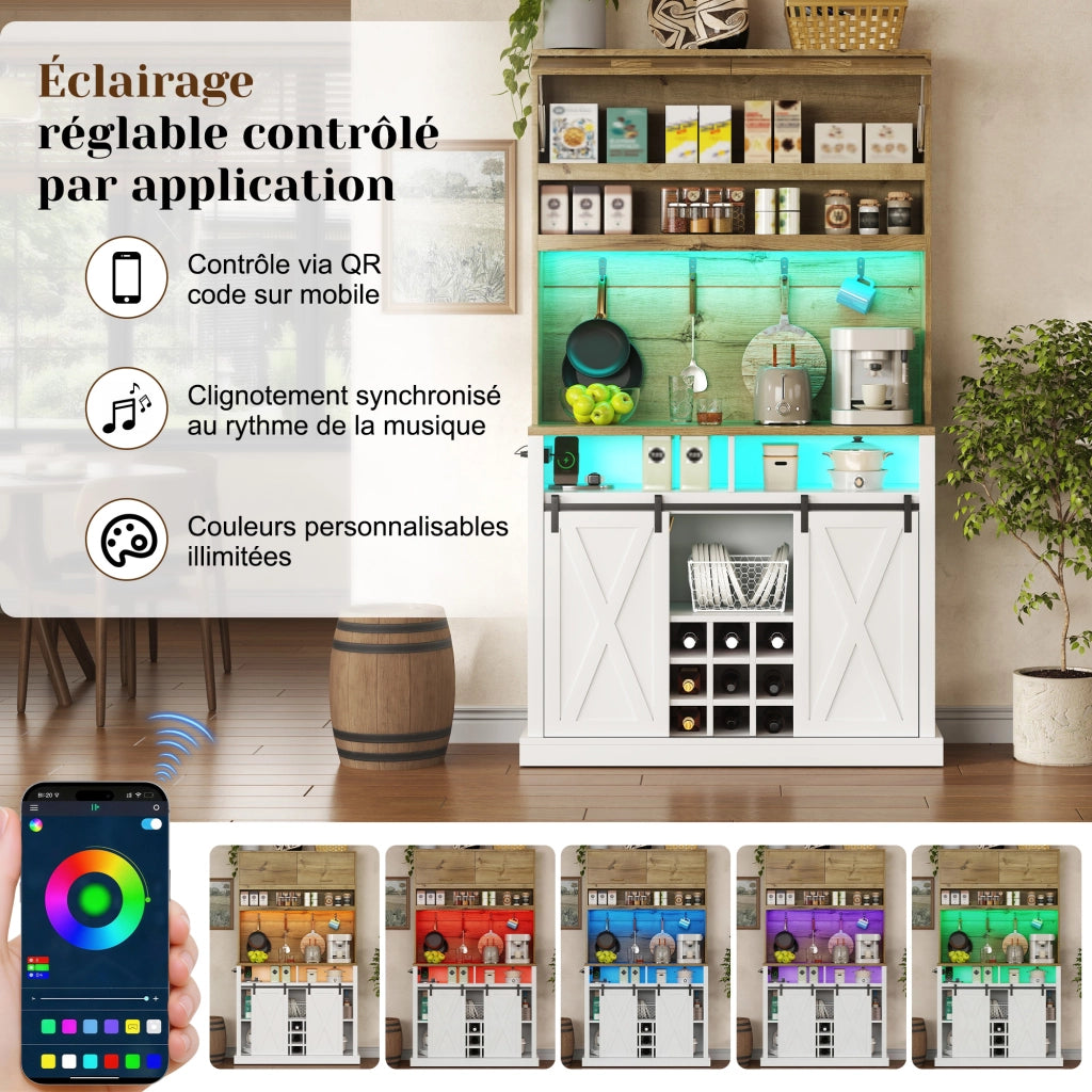 Credenza da cucina con LED; ripiani aperti; ante scorrevoli e ganci; per cucina e sala da pranzo; 40 × 110 × 191 cm