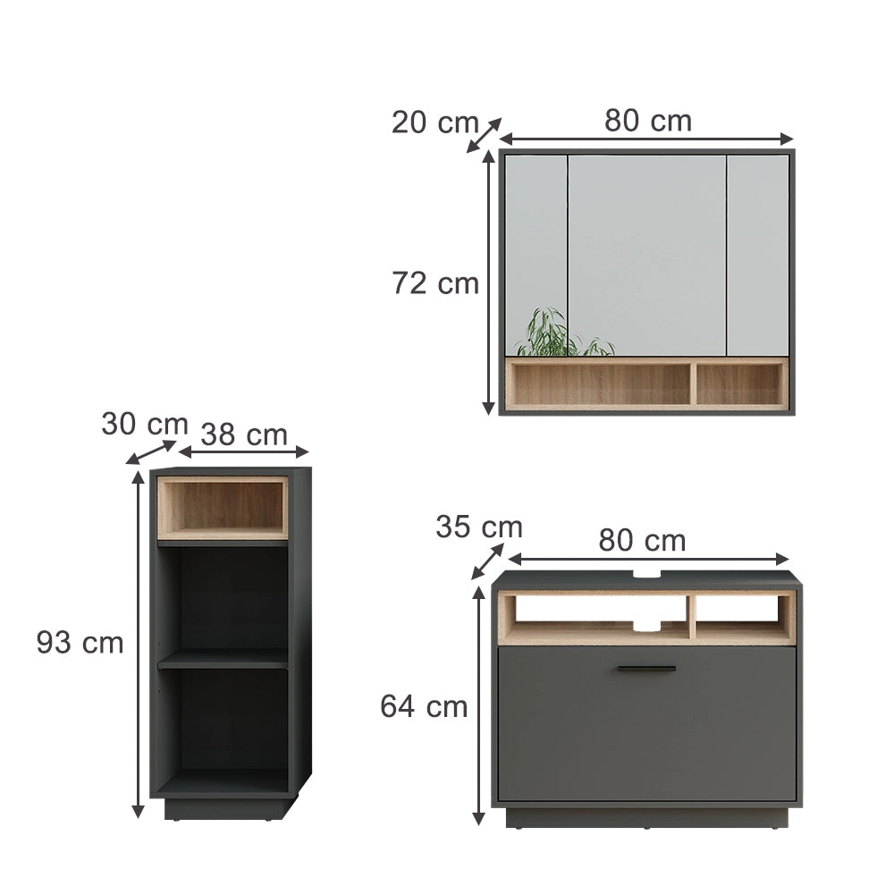 Vicco Set di mobili da bagno Antracite/Sonoma 3 pezzi con unità midi