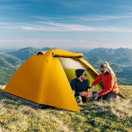 Tenda da campeggio per 3-4 persone, asta da tenda in alluminio leggero impermeabile, tenda a sacco con capanna a doppia pelle, veranda e sostegno con luce LED per viaggiare, camminare in spiaggia, esterno