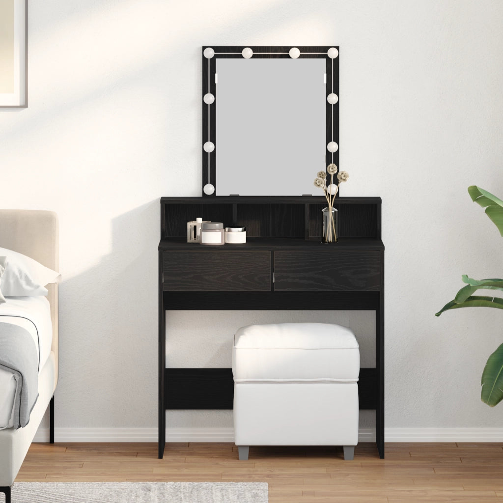Tavolo da toeletta con specchio e luci LED in rovere nero legno ingegnerizzato