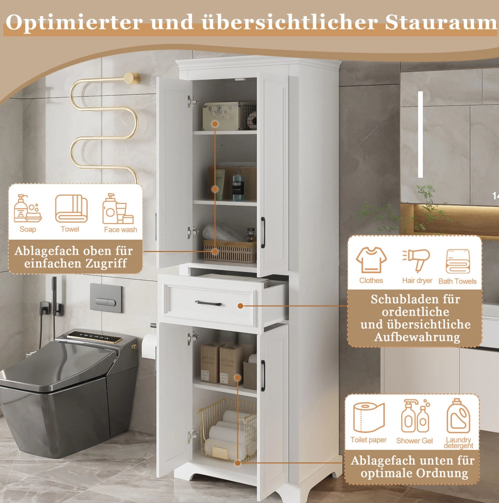 Colonna bagno in MDF bianca 60x40x180 cm con 2 ante, cassetto e ripiani regolabili