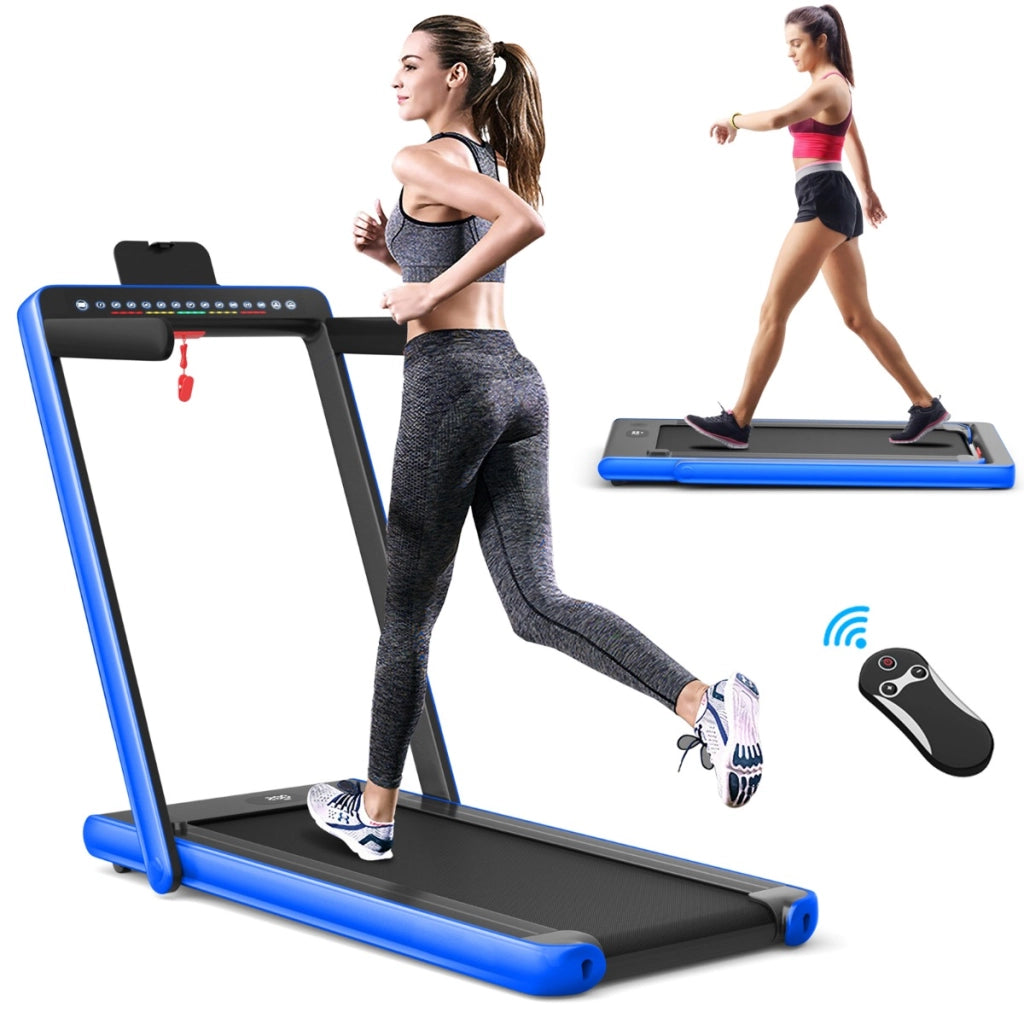 Tapis roulant con doppio display a LED telecomando supporto per telefono, Tapis roulant pieghevole 2,25HP Blu