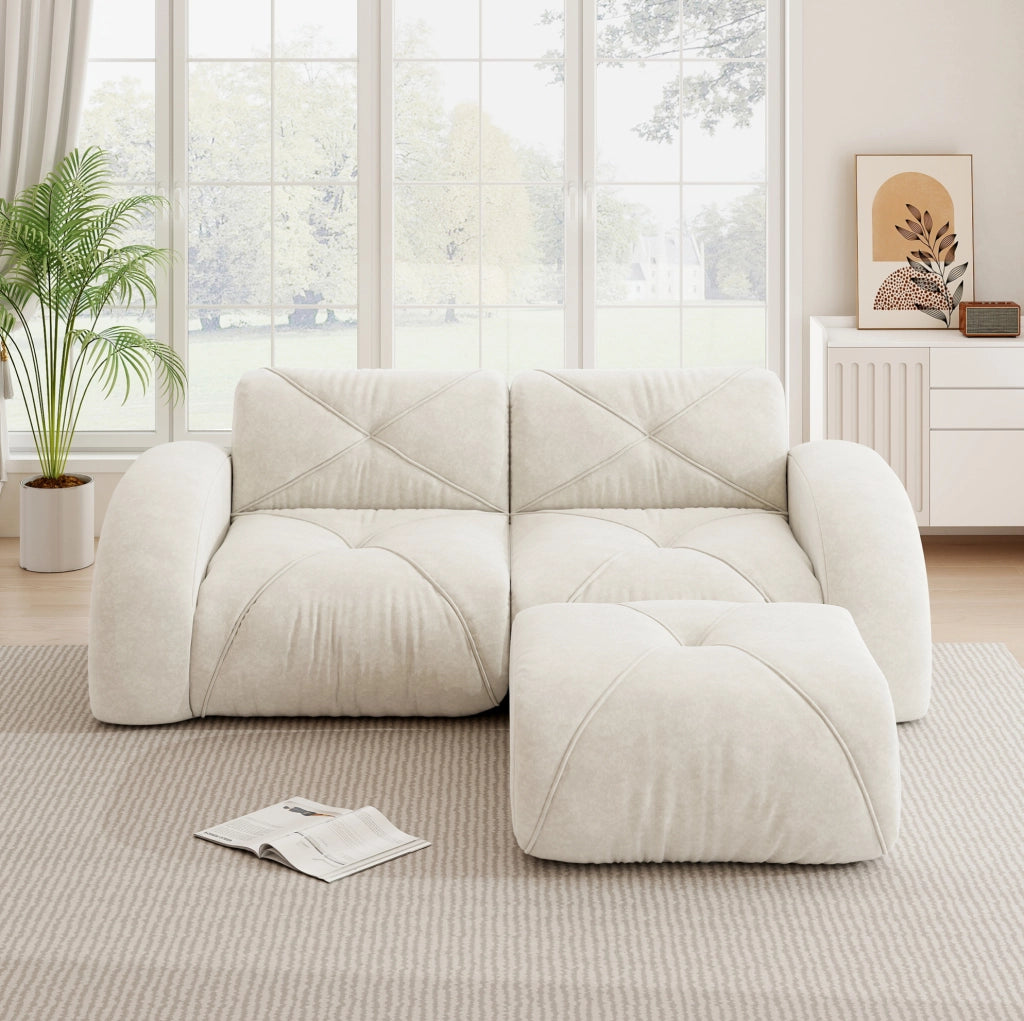 Divano modulare in tessuto chenille con imbottitura in schiuma 32D; beige chiaro