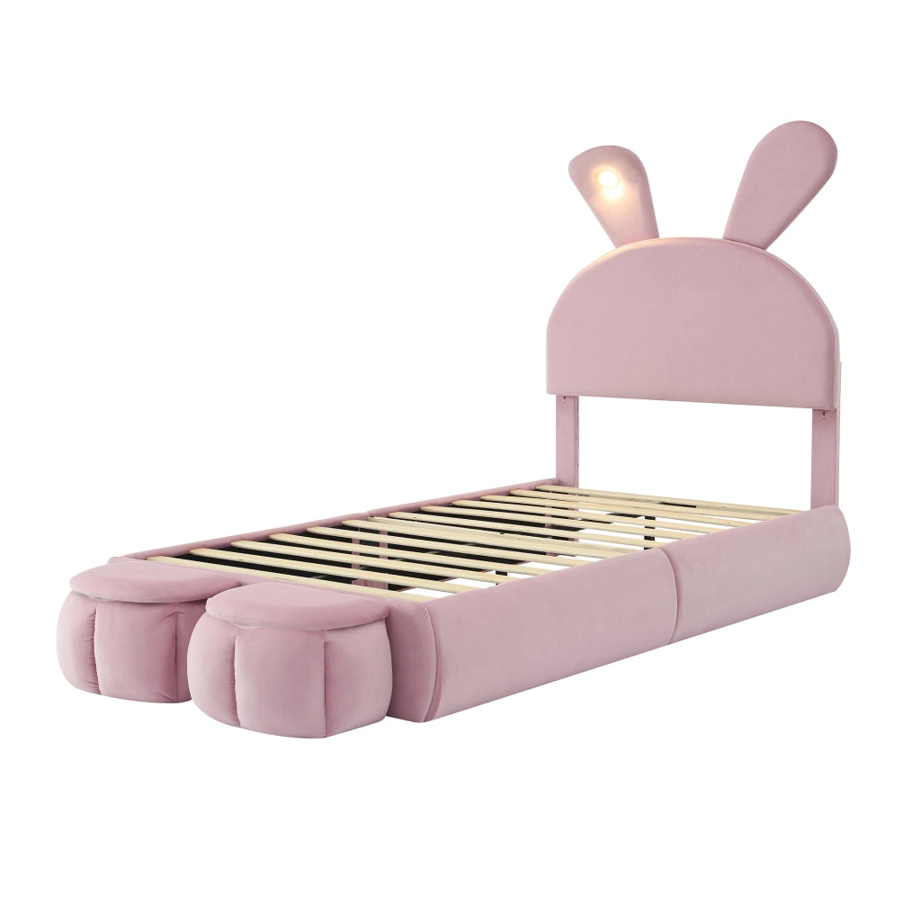 DESMIU Letto singolo 1 posto con LED regolabile e 2 pouf contenitore, 90 × 200 cm, senza materasso