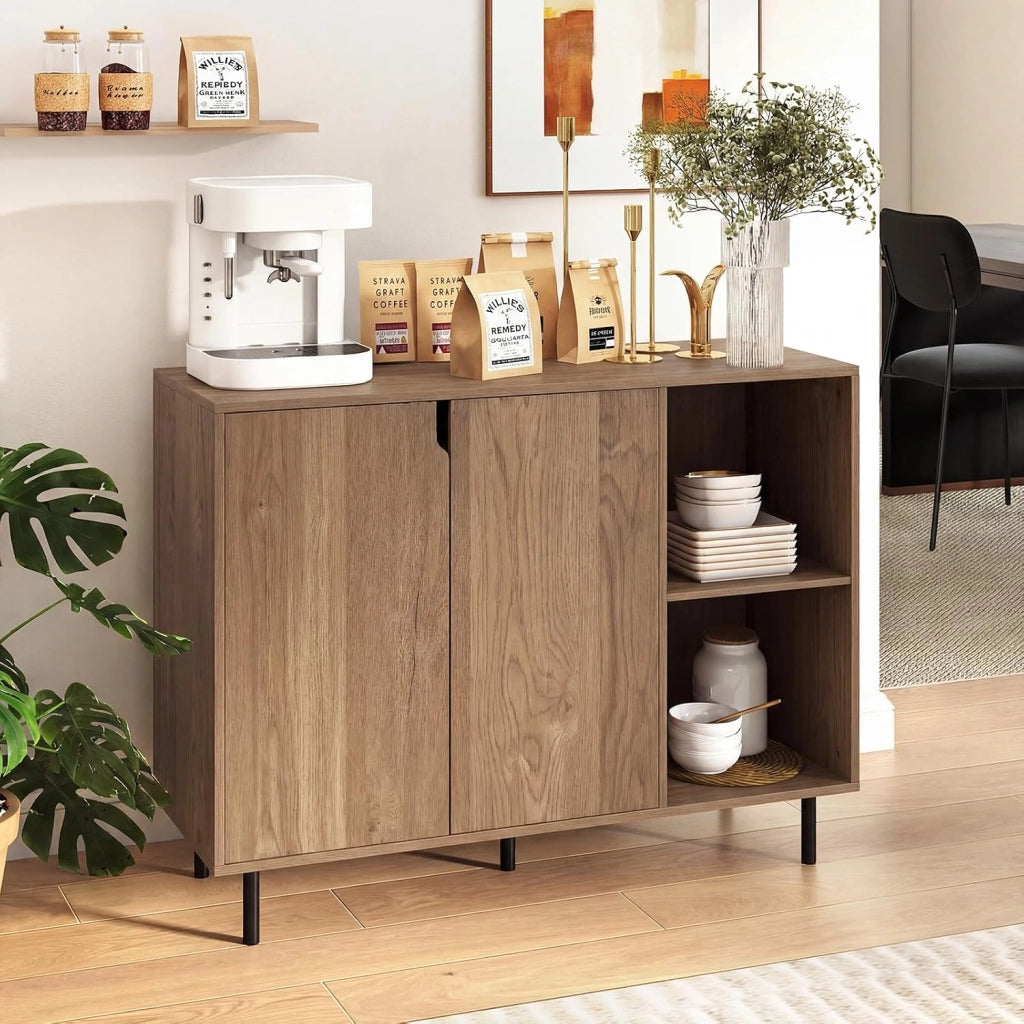 Credenza Cucina e Buffet in Legno, Mobile Dispensa con 2 Ante, 2 Scomparti Aperti a Ripiani Regolabili e Gambe in Metallo, per Sala da Pranzo, 106 x 38 x 80 cm (Nero) (Naturale)