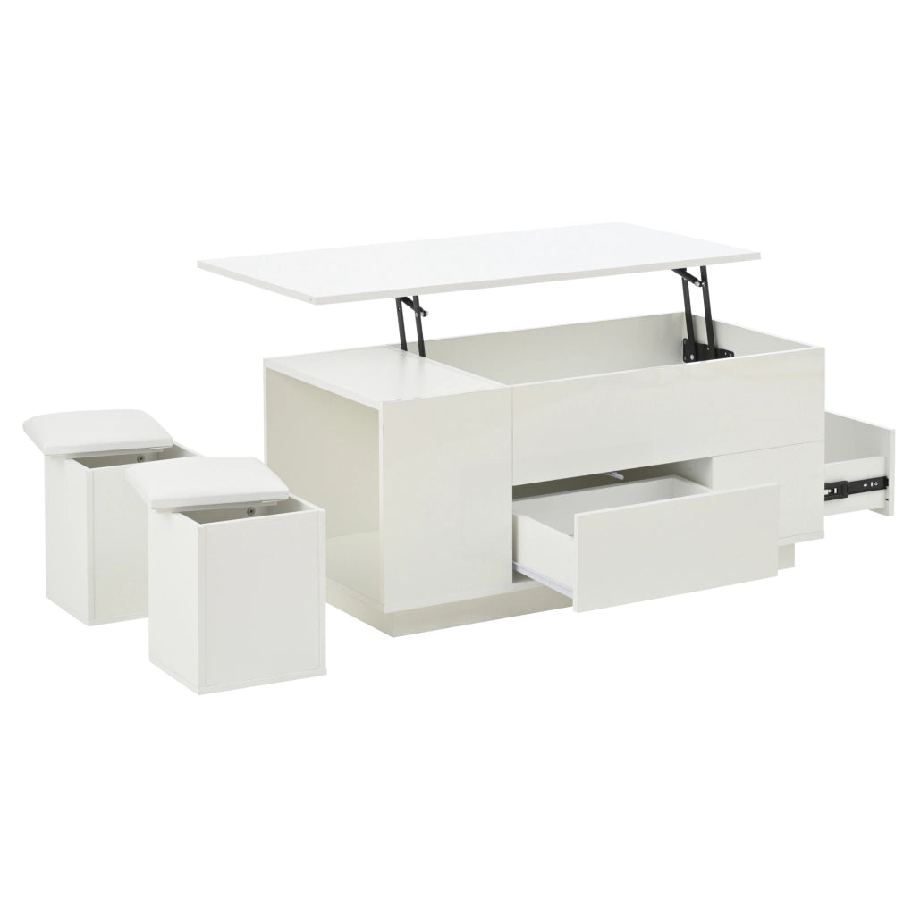 Tavolino da caffè elevabile 100x50x45 cm con LED; 2 cassetti e 2 sgabelli; bianco