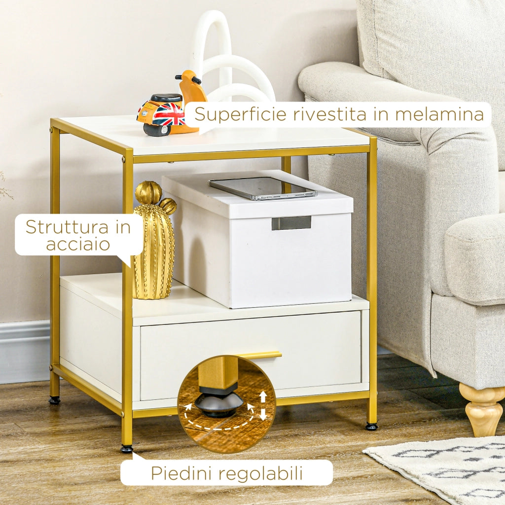 Comodino Moderno Elegante con Cassetto e Ripiano Aperto ¨C zephmum ¨C Bianco e Oro 50x40x55cm
