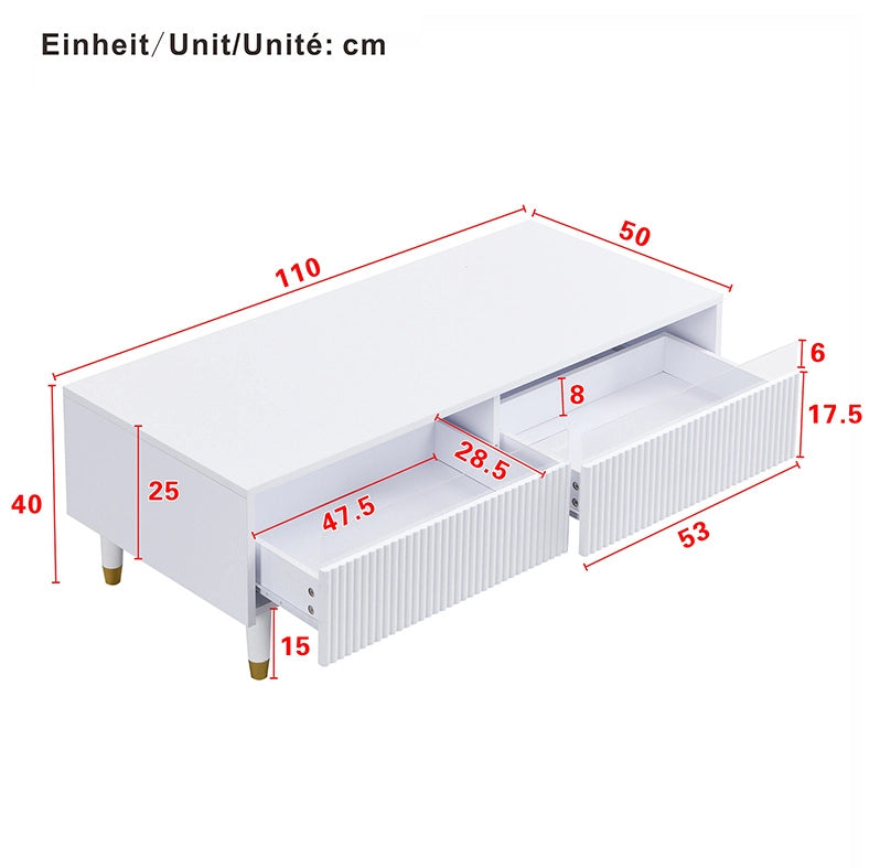 Tavolino 110x50x40 cm in MDF bianco con LED multicolore e 2 cassetti