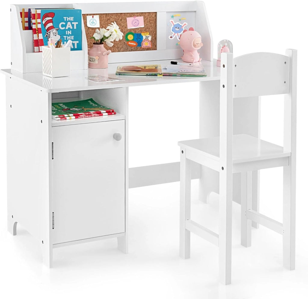 Scrivania per Bambini con Sedia, Set Tavolo e Sedia con Lavagna, Pennarello, Armadietto e Bacheca, Postazione Computer per Studenti e Tavolo da Scrittura per 3+ Anni (Bianco)