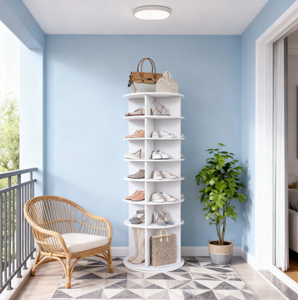 Scarpiera girevole 65x65x21.5 cm; 7 livelli 360°; in PVC bianco