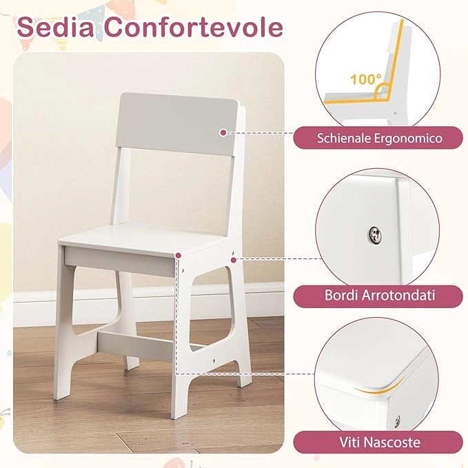Set Scrivania e Sedia per Bambini 3+ Anni, Tavolo da Scrittura in Legno con Mensole, Cassetto e Bacheca in Sughero, Tavolo e Sedia per Disegno e Studio (Bianco)