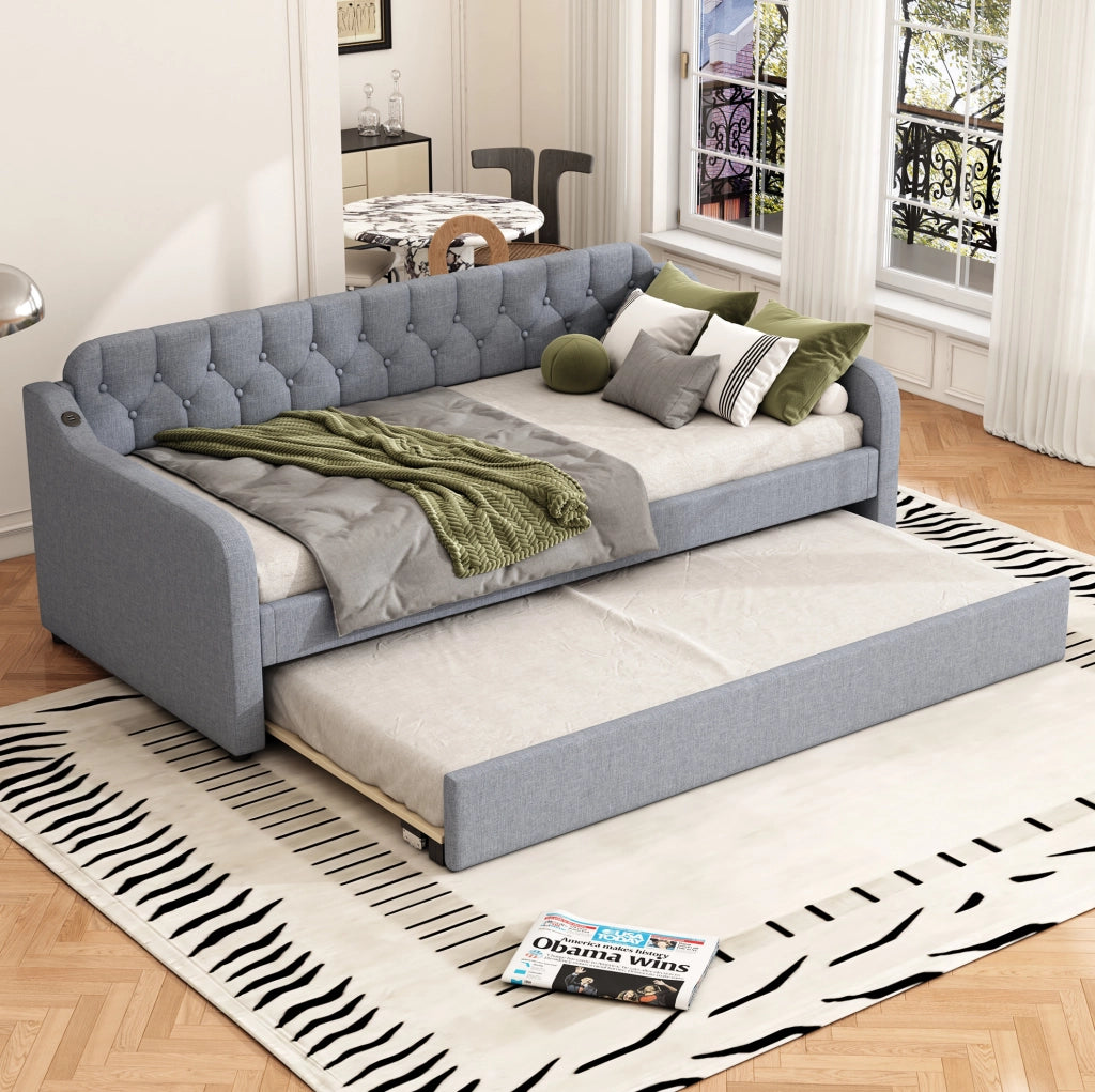 Divano letto 90x200 cm con letto estraibile; lino; grigio