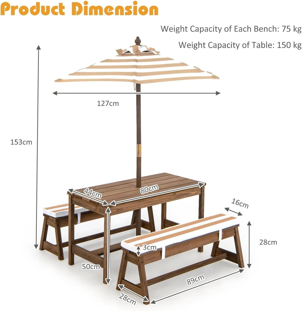 Set di mobili da giardino per bambini con 2 panche e ombrello regolabile, in legno di abete, per bambini, con cuscino, set di mobili per giardino, terrazza, balcone (marrone)