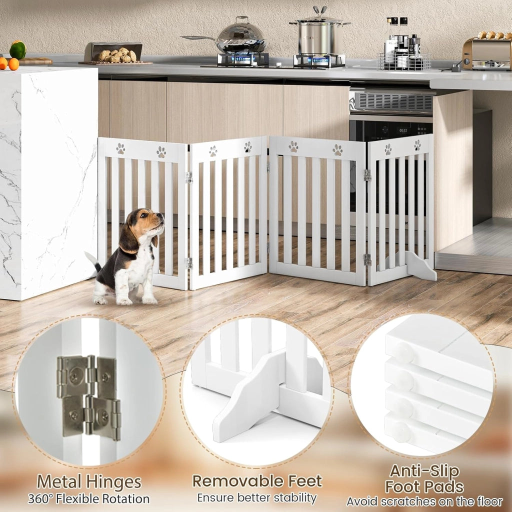 Cancelletto per Cani Pieghevoli 204 x 60 cm, Barriera per Cani in Legno a 4 Pannelli con Piedini Stabili, Recinzione per Scale, Ingressi e Corridoi (Bianco)