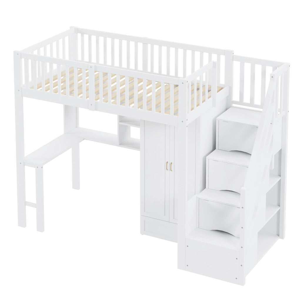 Letto a soppalco 90 x 200 cm con armadio; scrivania; ripiani e scala con cassetti; legno massello bianco