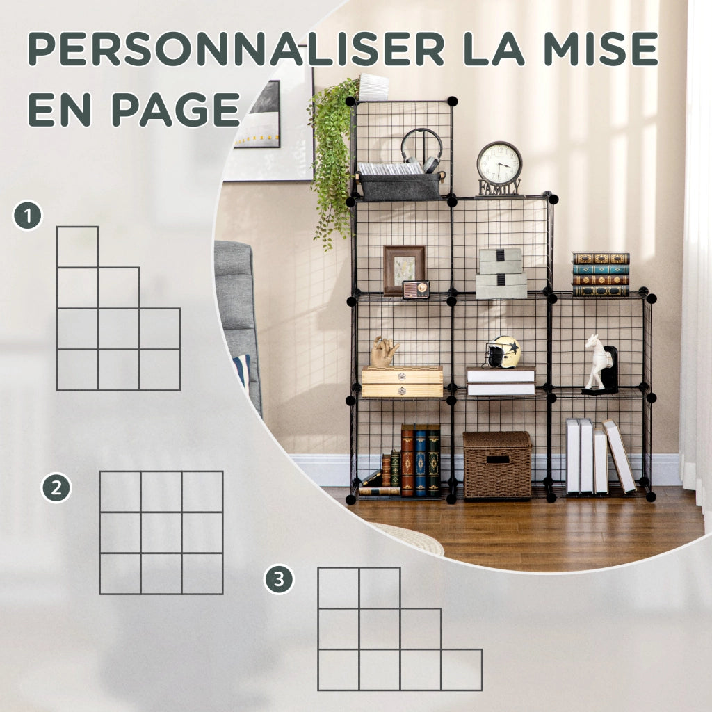 Libreria modulare cubica con 9 scomparti in metallo a griglia per soggiorno e camera ¨C zephmum ¨C nero