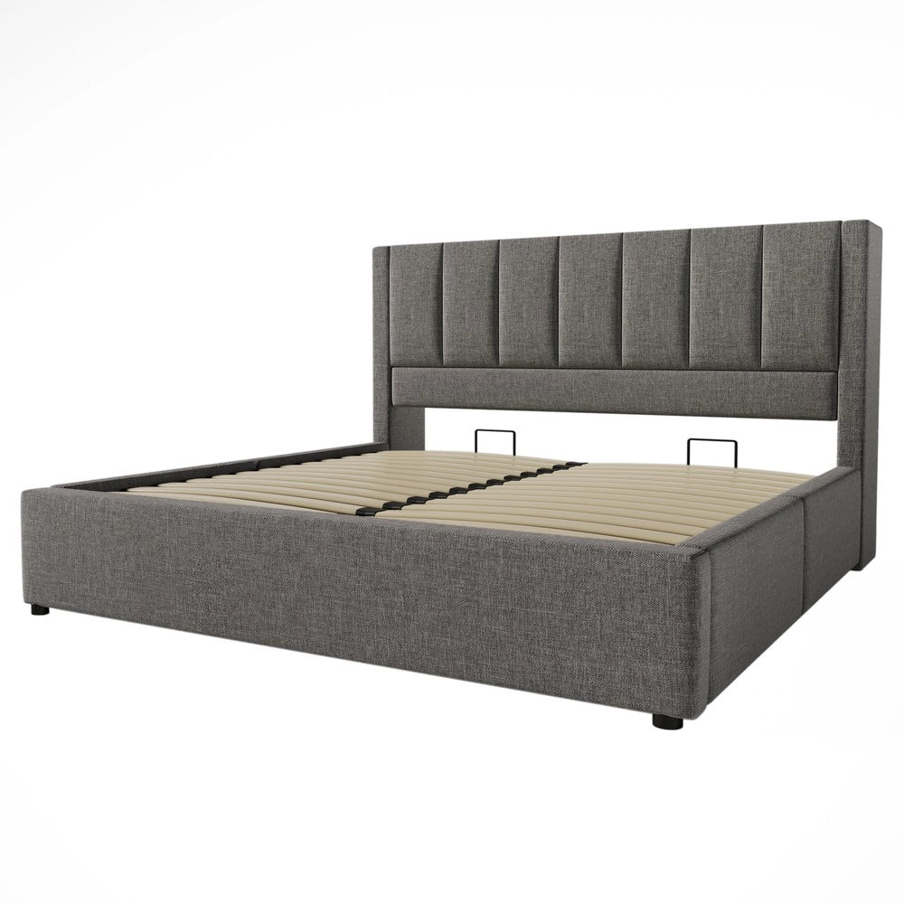 Letto Contenitore Imbottito 180x200 ¨C MINIMAL ¨C Grigio, Idraulico, Rete a Doghe